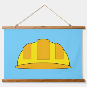 Yellow Hard Hat Cartoon Wandteppich Mit Holzrahmen