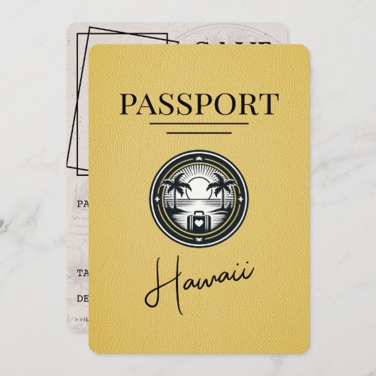 Yellow Hawaii Passport Save the Date (Vorne/Hinten)