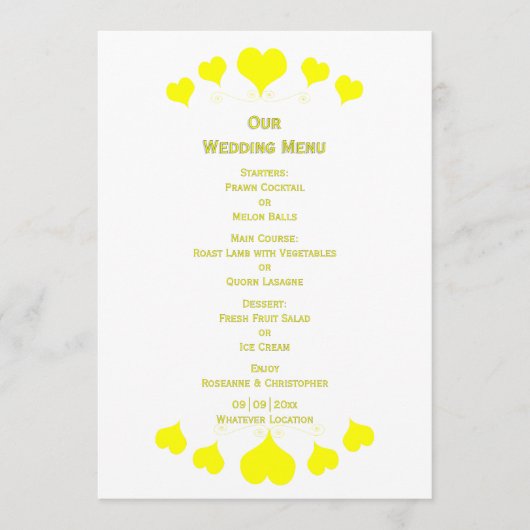 Yellow Hearts Design Hochzeit Menükarte (Vorderseite)