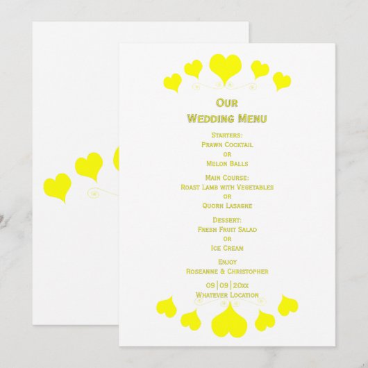 Yellow Hearts Design Wedding Menükarte (Vorne/Hinten)