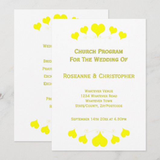 Yellow Hearts Design Wedding Programm (Vorne/Hinten)