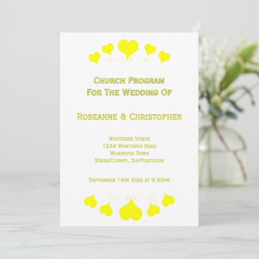 Yellow Hearts Design Wedding Programm (Stehend Vorderseite)