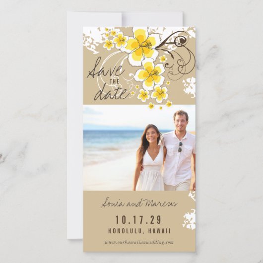 Yellow Hibiskus Beach Wedding Foto Save the Date (Vorderseite)