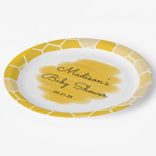 Yellow Honey Bee Theme Baby Dusche Pappteller (Schrägansicht)