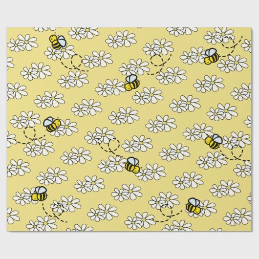 Yellow Honey Bee & White Daisy Pattern Geschenkpapier (Flach)