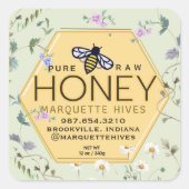 Yellow Honey Hexagon Label Wildblume Border & Bee Quadratischer Aufkleber (Vorderseite)