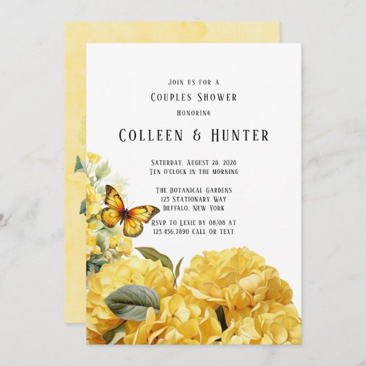 Yellow Hydrangea Butterfly Couples Dusche Einladung (Vorne/Hinten)
