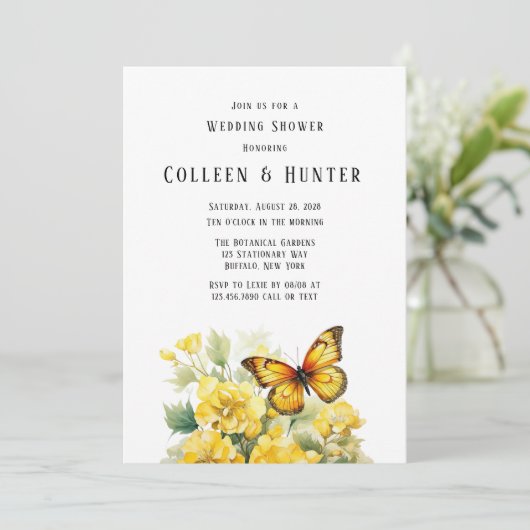 Yellow Hydrangea Butterfly Polterabend Einladung (Stehend Vorderseite)