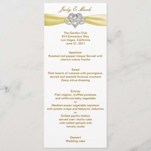 Yellow Infinity Heart Wedding Menu Card Menükarte (Vorderseite)