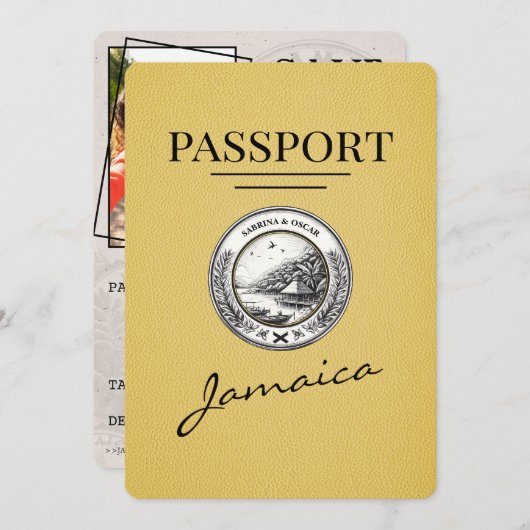 Yellow Jamaica Passport Save the Date (Vorne/Hinten)