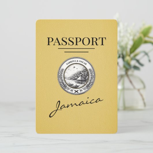 Yellow Jamaica Passport Save the Date (Stehend Vorderseite)