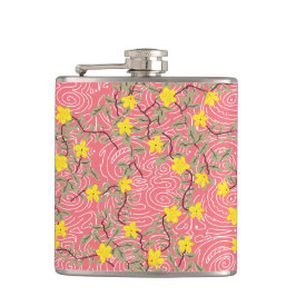 Yellow Jasmine Blume auf Korallenrosa Flachmann