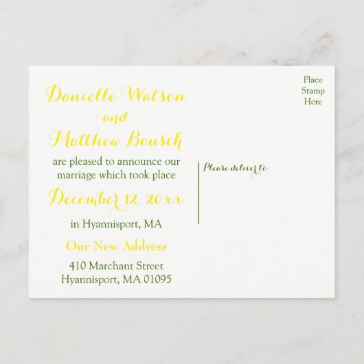 Yellow Just Married Lemon Green Wedrus Citrus Ankündigungspostkarte (Rückseite)