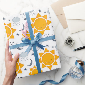 Yellow Kawaii suns mit Sternen, Monden und Wolken Geschenkpapier