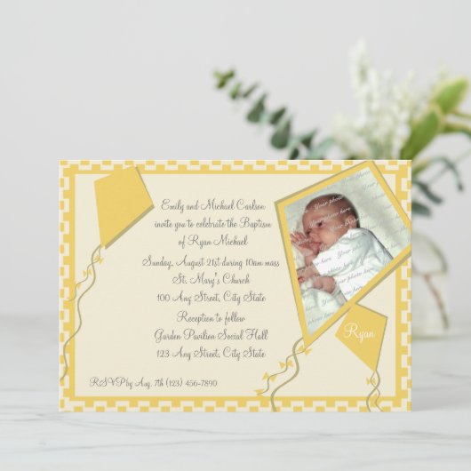 Yellow Kites Foto/Taufe Einladung (Stehend Vorderseite)