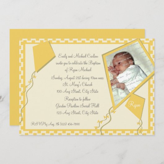 Yellow Kites Foto/Taufe Einladung (Vorne/Hinten)