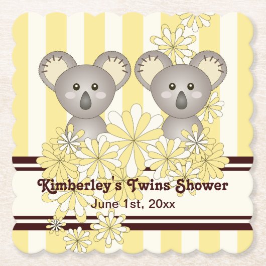 Yellow Koala Twin Baby Dusche / Kindergeburtstag Untersetzer (Vorderseite)