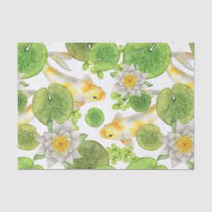 Yellow Koi Fish and White Water Lilies Pond Seidenpapier