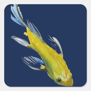 Yellow koi Japanischer Karpfen Aquarellfisch Quadratischer Aufkleber