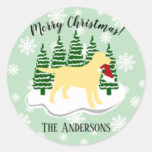 Yellow Labrador Christmas Evergreen Snowflakes Runder Aufkleber