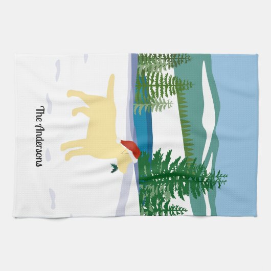 Yellow Labrador Christmas Evergreen Weihnachtsmann Geschirrtuch (Horizontal)