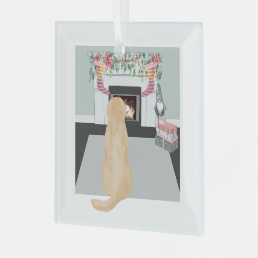 Yellow Labrador Dog In Christmas Fireplace Scene Ornament Aus Glas (Vorderseite links)