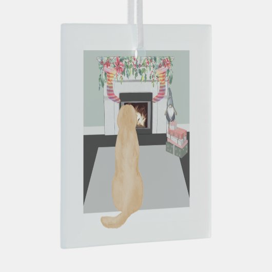 Yellow Labrador Dog In Christmas Fireplace Scene Ornament Aus Glas (Vorderseite Rechts)