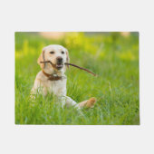 Yellow Labrador Plays mit Stick Fußmatte (Vorderseite)