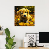 Yellow Labrador Puppy Playing in Herbstlauben Poster (Heimbüro)