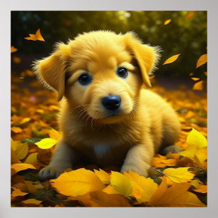 Yellow Labrador Puppy Playing in Herbstlauben Poster