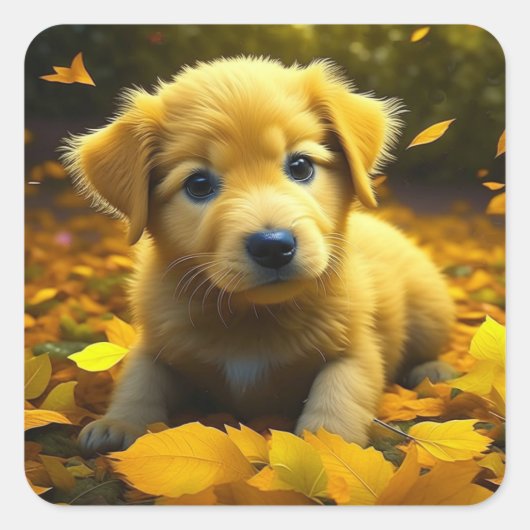 Yellow Labrador Puppy Playing in Herbstlauben Quadratischer Aufkleber (Vorderseite)