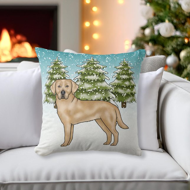 Yellow Labrador Retriever Blue Snow Winterwald Kissen (Von Creator hochgeladen)