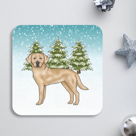 Yellow Labrador Retriever Blue Snowy Winterwald Quadratischer Aufkleber