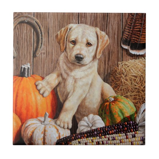Yellow Labrador Retriever Puppy Doppy Pumpkin Herb Fliese (Vorderseite)