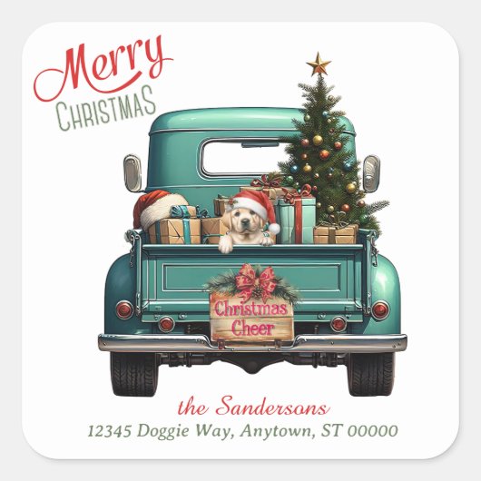 Yellow Labrador Retriever Puppy Retro Truck Quadratischer Aufkleber (Vorderseite)