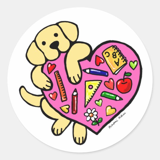 Yellow Labrador & Teacher's Heart Cartoon Runder Aufkleber (Vorderseite)