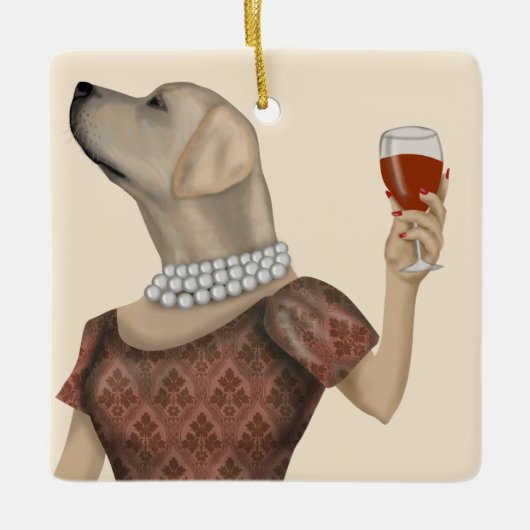 Yellow Labrador Wine Snob Keramikornament (Vorderseite)
