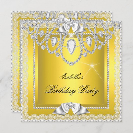 Yellow Lace Elegano Diamonds Silver Birthday Party Einladung (Vorne/Hinten)