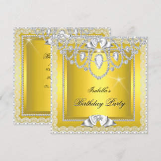Yellow Lace Elegano Diamonds Silver Birthday Party Einladung