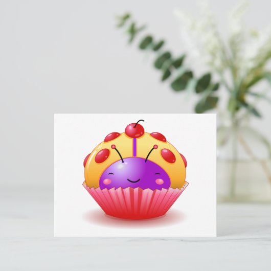 Yellow Ladybug Cupcake Postcard Postkarte (Stehend Vorderseite)