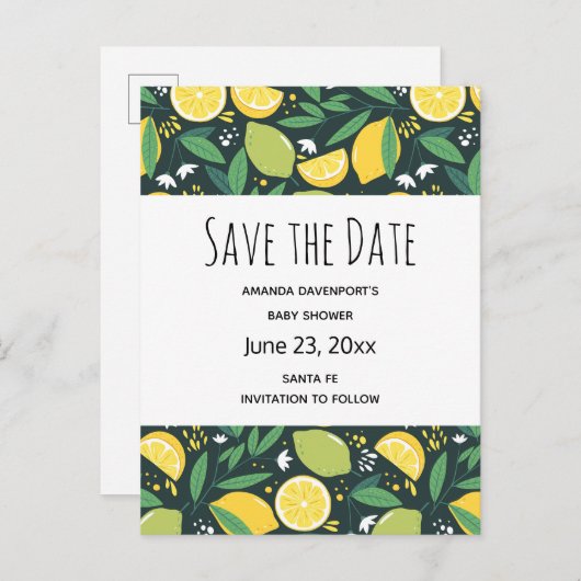 Yellow Lemon and Lime Frucht Pattern Save the Date Einladungspostkarte (Vorne/Hinten)