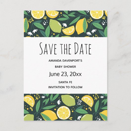 Yellow Lemon and Lime Frucht Pattern Save the Date Einladungspostkarte (Vorderseite)