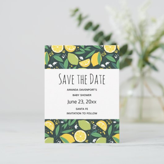 Yellow Lemon and Lime Frucht Pattern Save the Date Einladungspostkarte (Stehend Vorderseite)