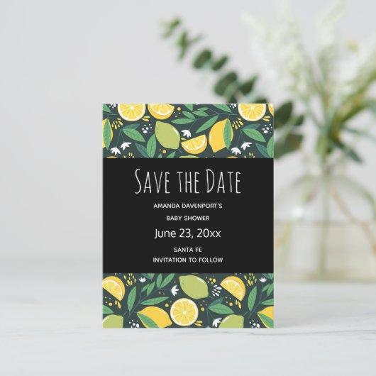 Yellow Lemon and Lime Frucht Pattern Save the Date Einladungspostkarte (Stehend Vorderseite)
