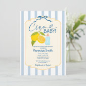 Yellow Lemon Blue Italy Ciao Babydusche Einladung (Stehend Vorderseite)