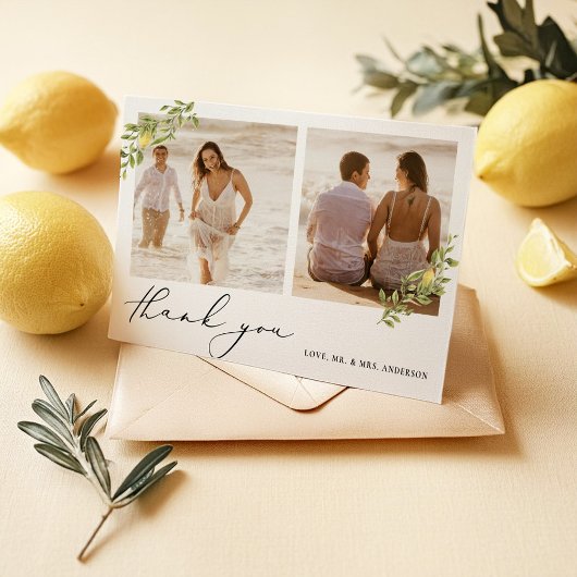 Yellow Lemon Citrus Calligraphy Wedding Dankeskarte