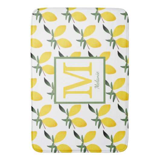 Yellow Lemon Citrus Monogram Name Badematte (Vorderseite Vertikal)