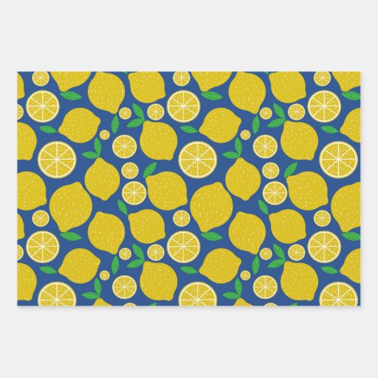 Yellow Lemon Citrus Muster auf Blue Geschenkpapier Set (Vorderseite 2)