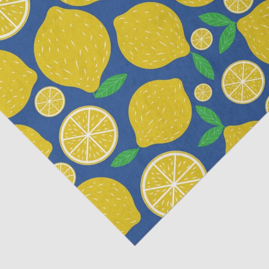 Yellow Lemon Citrus Muster auf Blue Seidenpapier (Detail)