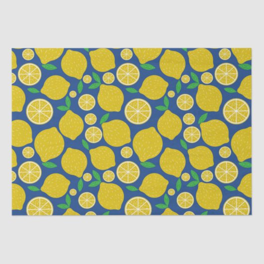Yellow Lemon Citrus Muster auf Blue Seidenpapier (Vorderseite)